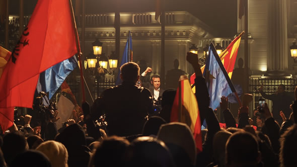 Then opposition leader Zoran Zaev rallying supporters in front of the government building after first results of the very tight national elections on 12 December 2016 were announced. It took nearly half a year until a government under his leadership could be formed on 31 May 2017. Photo: ESI/Kristof Bender