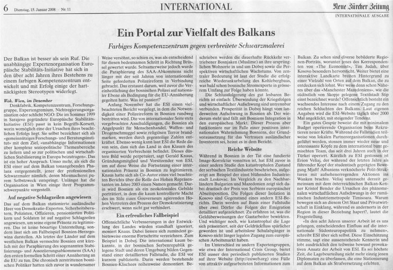 Neue Zürcher Zeitung, Martin Woker - Ein Portal zur Vielfalt des Balkans - 15 January 2008