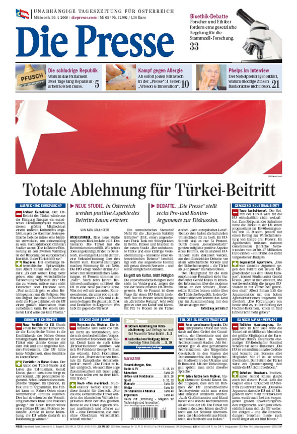 Die Presse: Totale Ablehnung für Türkei-Beitritt