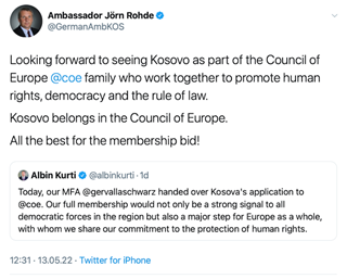 Jörn Rohde: "looking forward to seeing Kosovo as part of the Council of Europe @coe family"