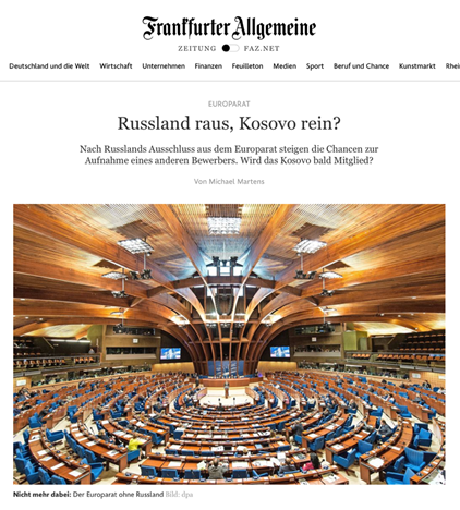 “Russia out, Kosovo in?” Frankfurter Allgemeine Zeitung, 23 April 2022
