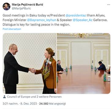 Marija after her meeting with President Aliyev. Screenshot: Twitter